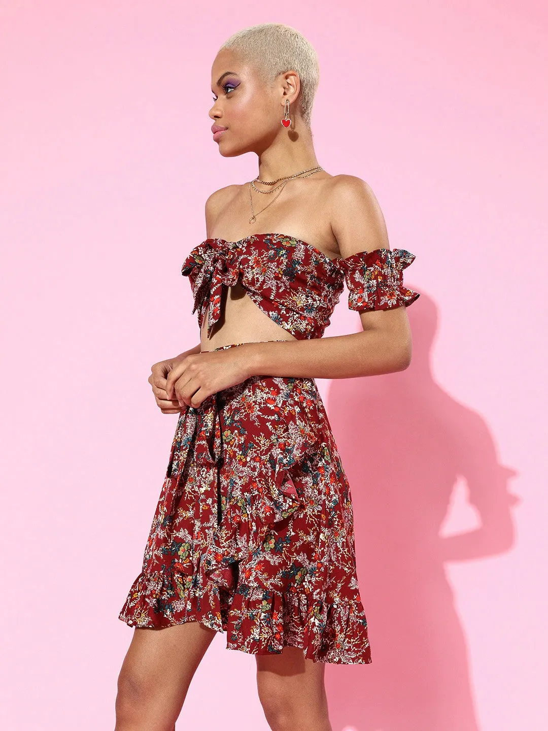 Berrylush Women Maroon Floral Printed Off-Shoulder Tie-Up Front Fit & Flare Bardot Mini Dress