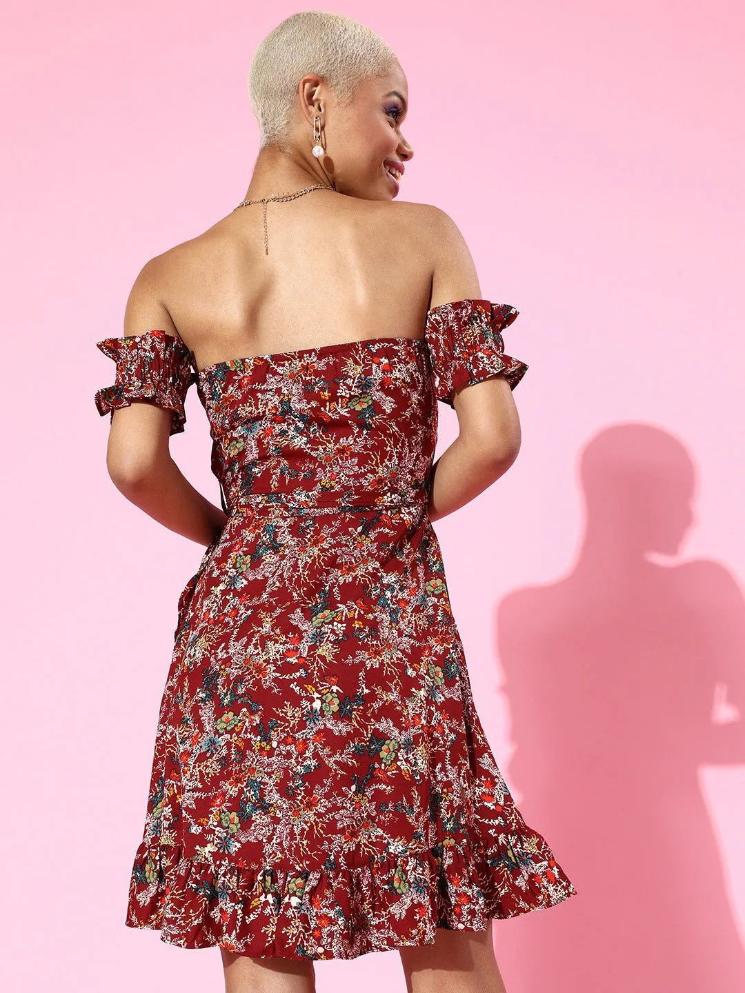 Berrylush Women Maroon Floral Printed Off-Shoulder Tie-Up Front Fit & Flare Bardot Mini Dress