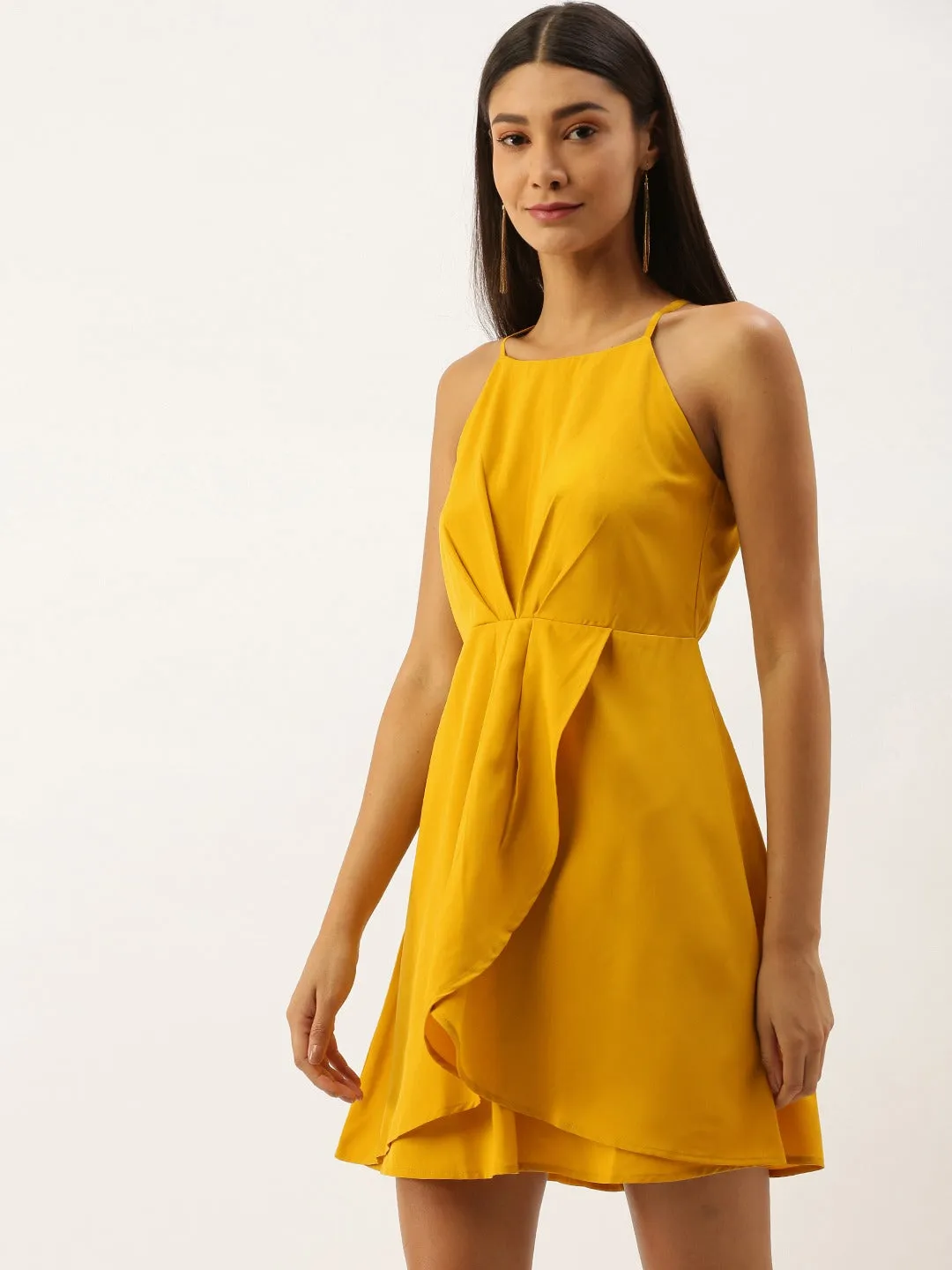 Berrylush Women Mustard Yellow Halter Neck Mini Dress