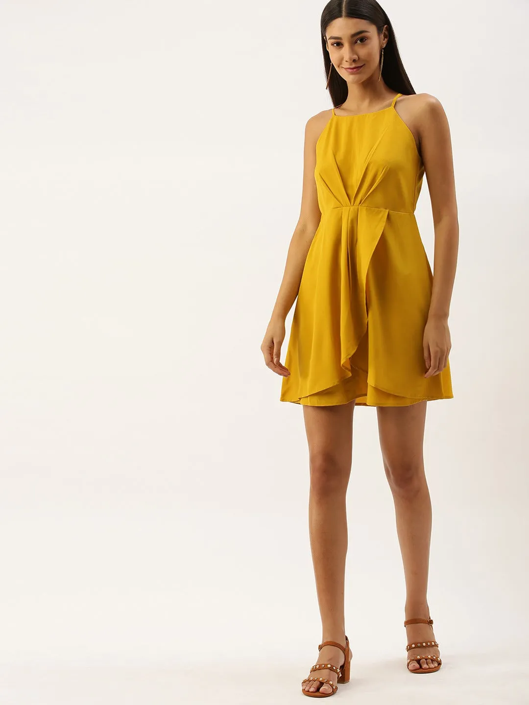 Berrylush Women Mustard Yellow Halter Neck Mini Dress