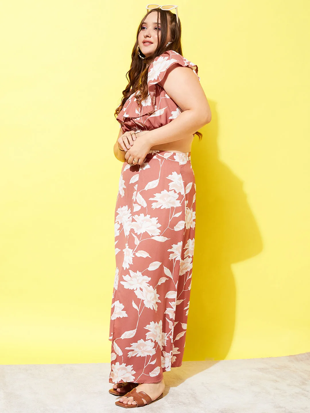 Berrylush Women Plus Size Brown & White Floral Printed Off-Shoulder Neck Crop Top & Thigh-High Slit Maxi Skirt Co-Ord Set