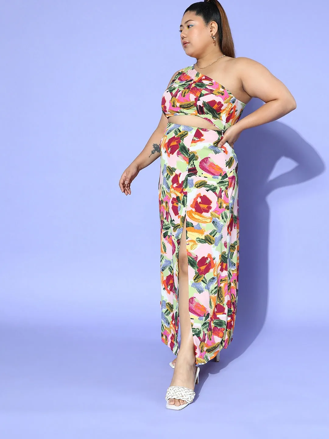 Berrylush Women Plus Size Pink & Multicolour Abstract Printed One-Shoulder Neck Crepe Cropped Top & Thigh-High Slit Maxi Skirt Co-Ord Set