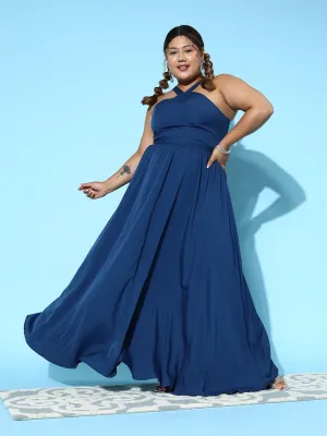 Berrylush Women Plus Size Solid Blue Halter Neck Sleeveless Zipper-Up Pleated A-Line Maxi Dress