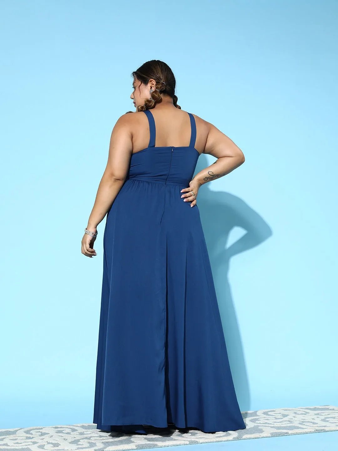 Berrylush Women Plus Size Solid Blue Halter Neck Sleeveless Zipper-Up Pleated A-Line Maxi Dress