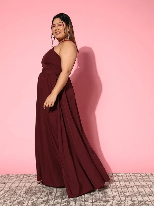 Berrylush Women Plus Size Solid Maroon Halter Neck Sleeveless Crepe Flared Maxi Dress