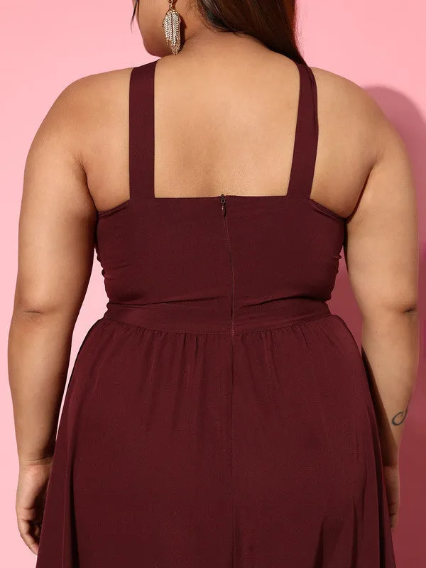 Berrylush Women Plus Size Solid Maroon Halter Neck Sleeveless Crepe Flared Maxi Dress