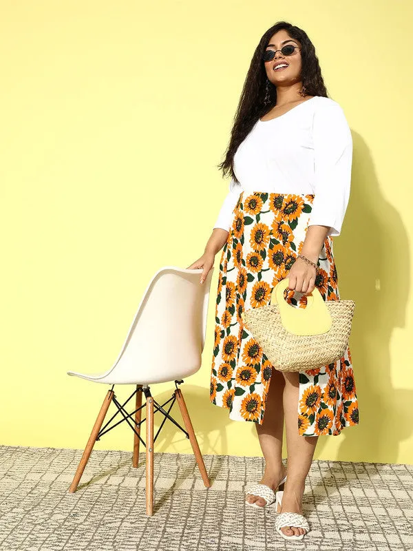 Berrylush Women Plus Size White & Mustard Sunflower Printed Thigh-High Slit Flared A-Line Midi Skirt