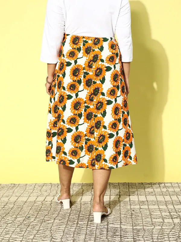 Berrylush Women Plus Size White & Mustard Sunflower Printed Thigh-High Slit Flared A-Line Midi Skirt