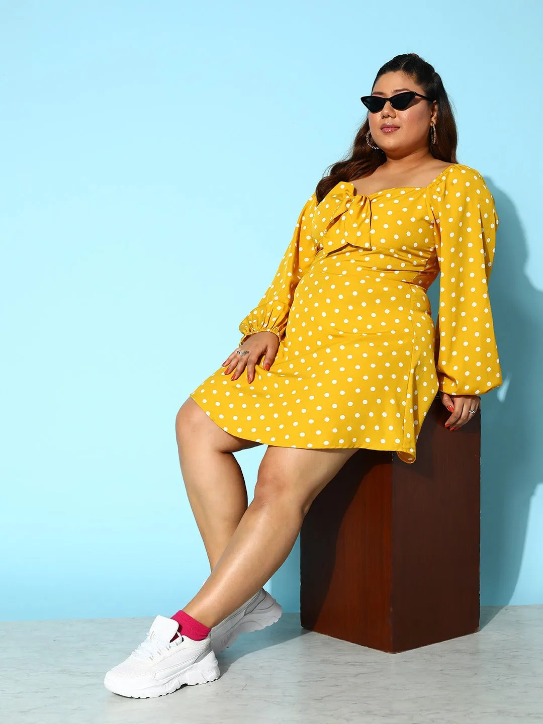 Berrylush Women Plus Size Yellow & White Polka Dot Printed Sweetheart Neck Front Tie-Up Crepe Flared A-Line Mini Dress