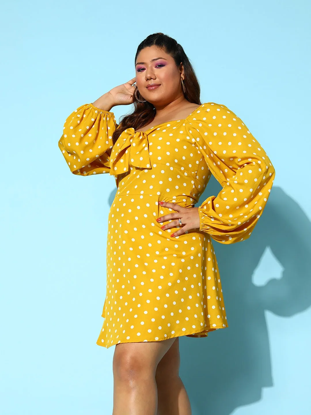 Berrylush Women Plus Size Yellow & White Polka Dot Printed Sweetheart Neck Front Tie-Up Crepe Flared A-Line Mini Dress