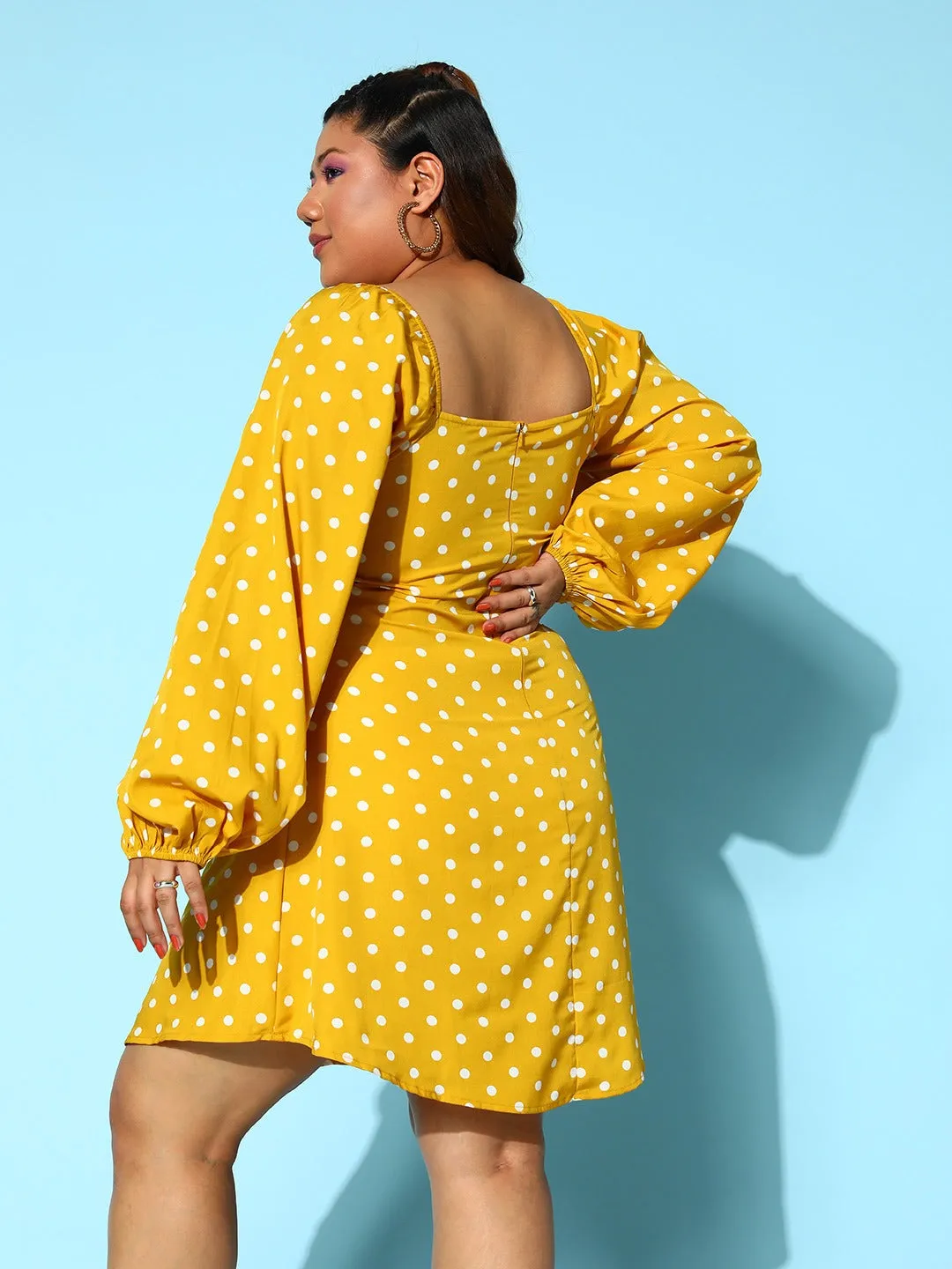 Berrylush Women Plus Size Yellow & White Polka Dot Printed Sweetheart Neck Front Tie-Up Crepe Flared A-Line Mini Dress