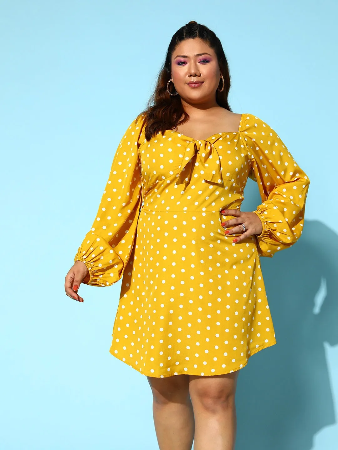 Berrylush Women Plus Size Yellow & White Polka Dot Printed Sweetheart Neck Front Tie-Up Crepe Flared A-Line Mini Dress