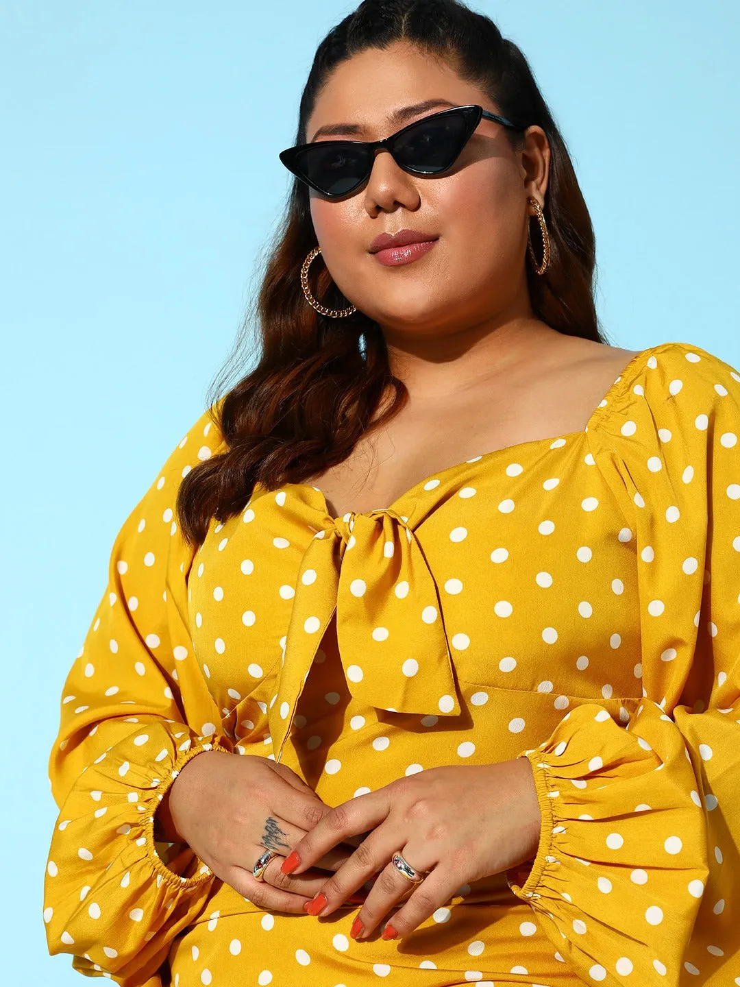 Berrylush Women Plus Size Yellow & White Polka Dot Printed Sweetheart Neck Front Tie-Up Crepe Flared A-Line Mini Dress