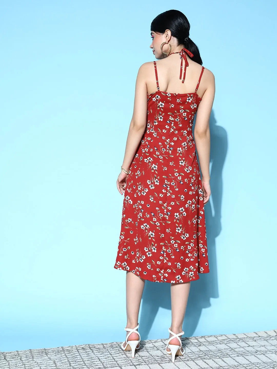 Berrylush Women Red & White Floral Printed Square Neck Ruched Bust Tie-Up Slit Hem Midi Dress