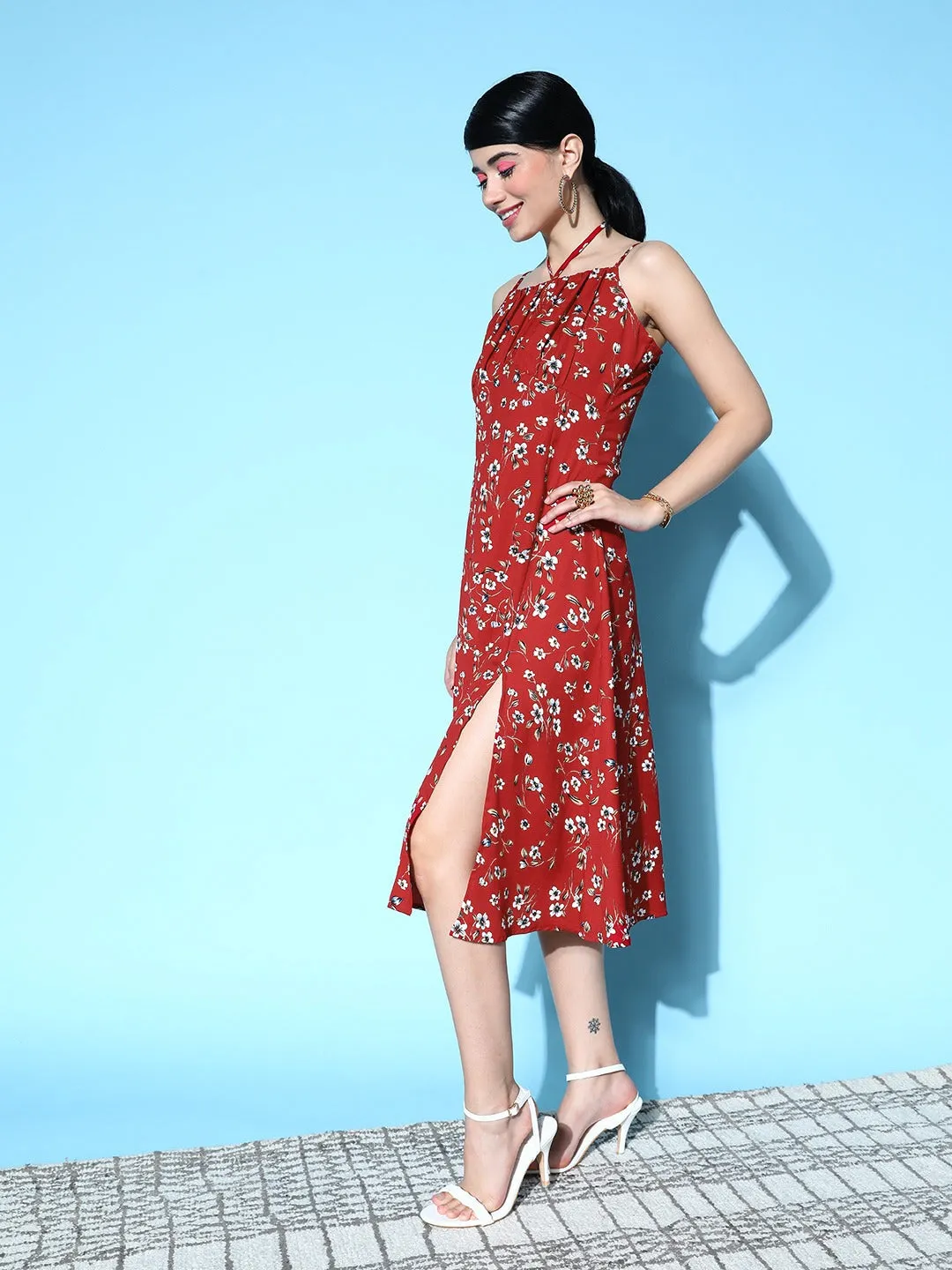 Berrylush Women Red & White Floral Printed Square Neck Ruched Bust Tie-Up Slit Hem Midi Dress