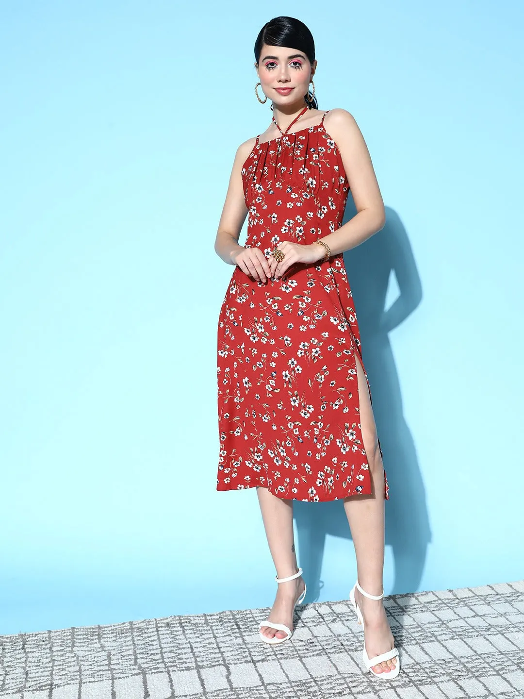 Berrylush Women Red & White Floral Printed Square Neck Ruched Bust Tie-Up Slit Hem Midi Dress