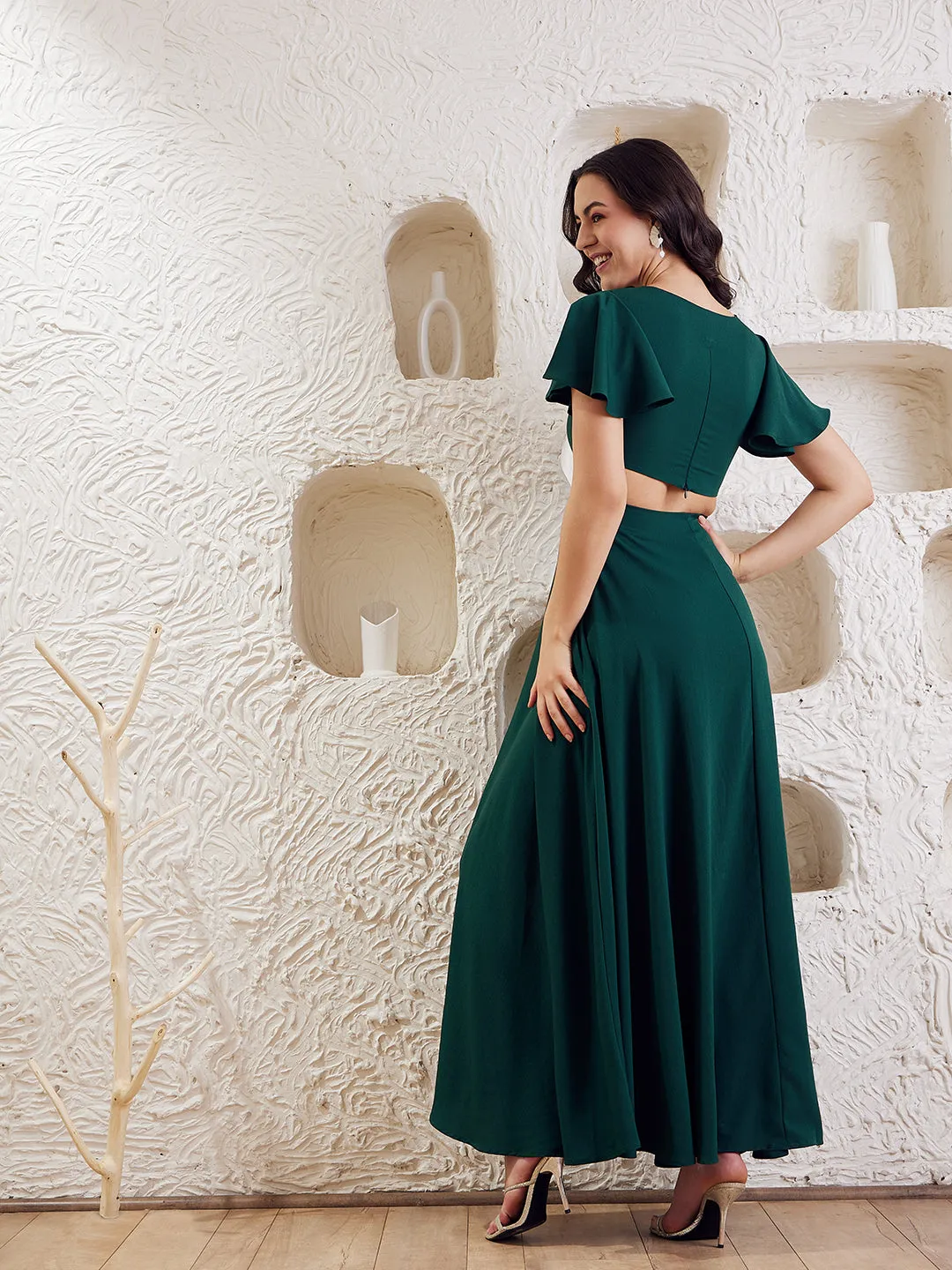 Berrylush Women Solid Dark Green Round Neck Cut-Out Crepe Thigh-High Slit Fit & Flare Maxi Dress