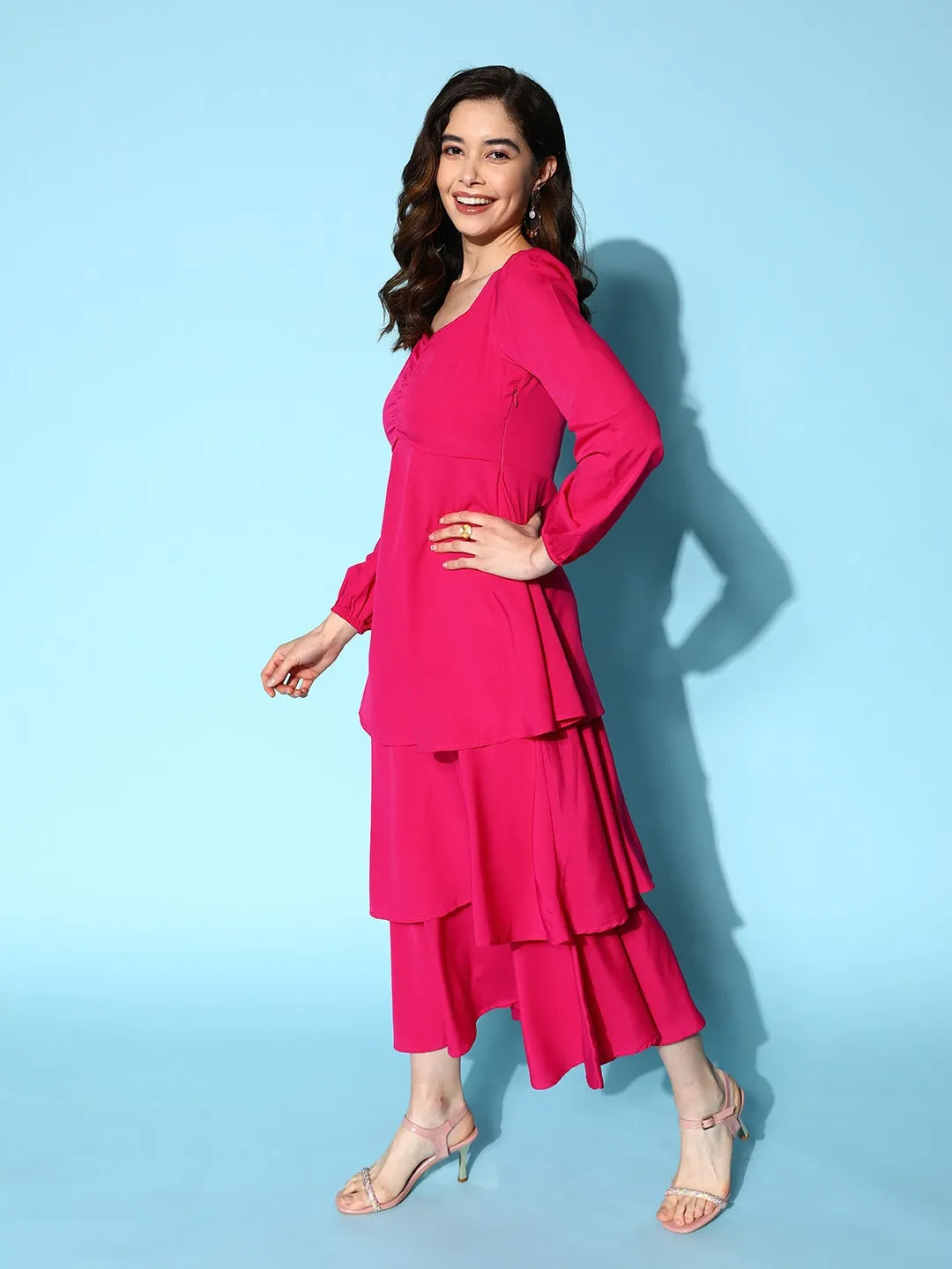 Berrylush Women Solid Dark Pink Sweetheart Neck Puff Sleeve Flounce Tiered A-Line Maxi Dress