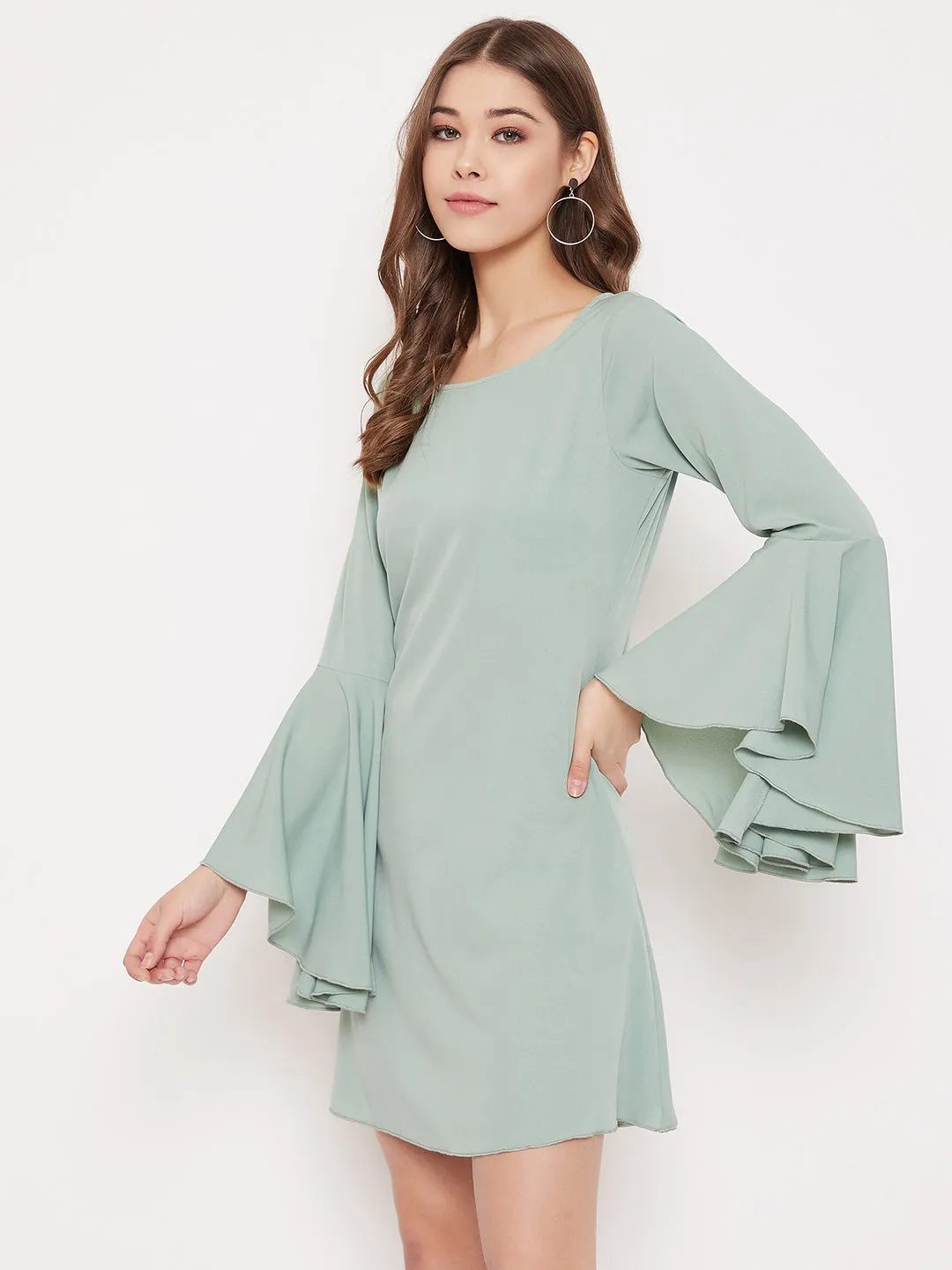 Berrylush Women Solid Green Flutter Sleeves A-Line Mini Dress