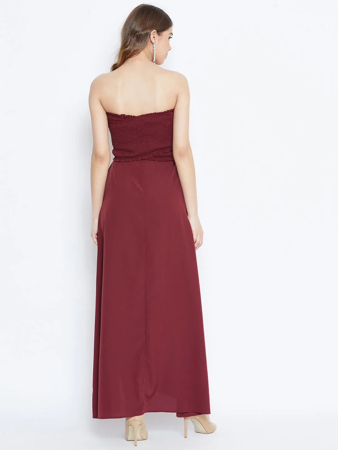 Berrylush Women Solid Maroon Front Slit Smocked Maxi Dress