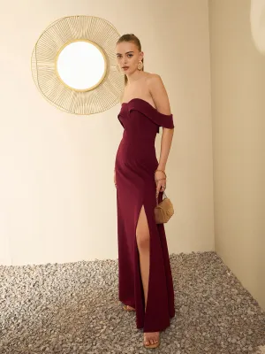 Berrylush Women Solid Maroon Off-Shoulder Neck Sleeveless Flap Front Thigh-High Slit Flared A-Line Maxi Dress