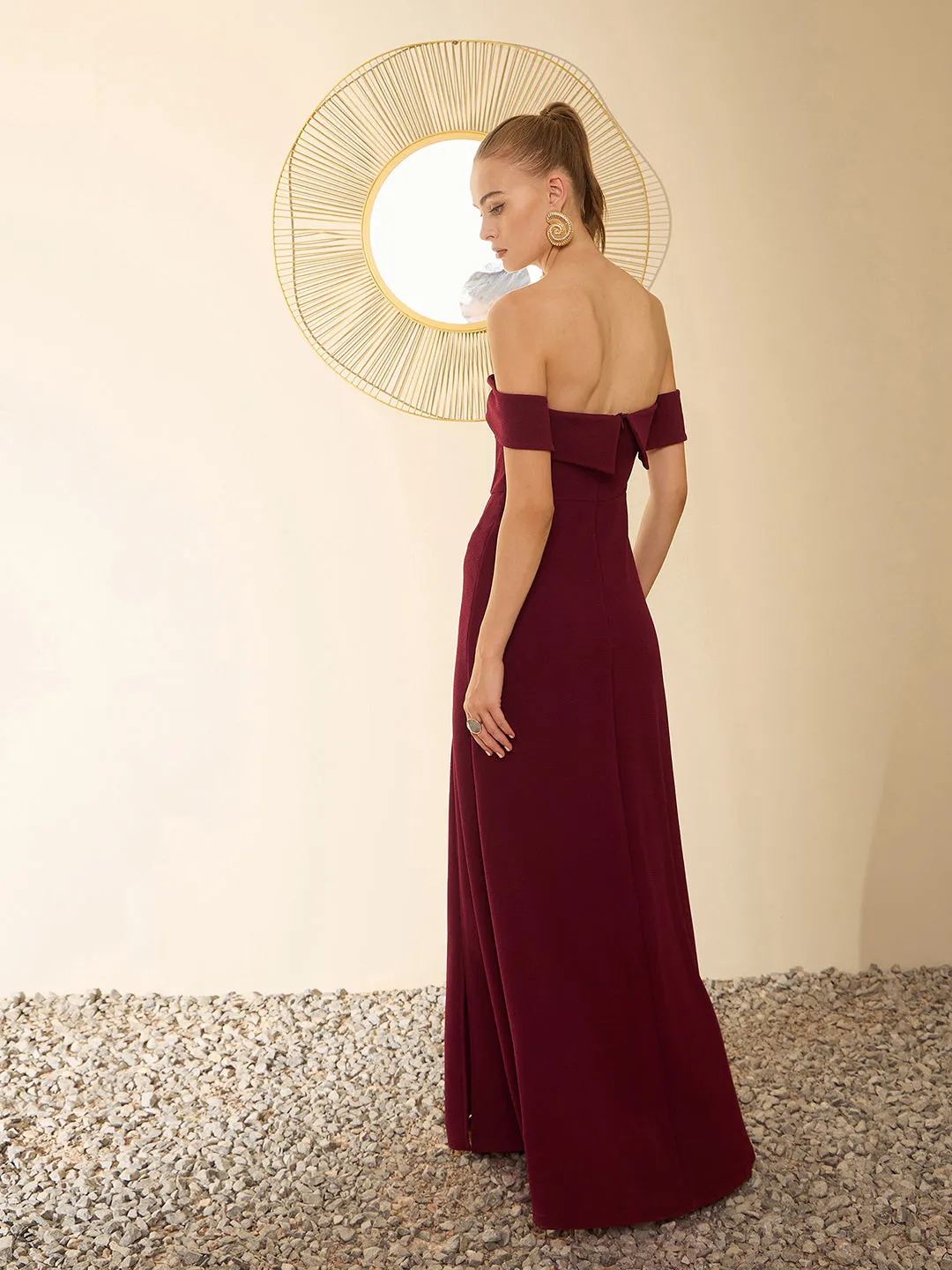 Berrylush Women Solid Maroon Off-Shoulder Neck Sleeveless Flap Front Thigh-High Slit Flared A-Line Maxi Dress