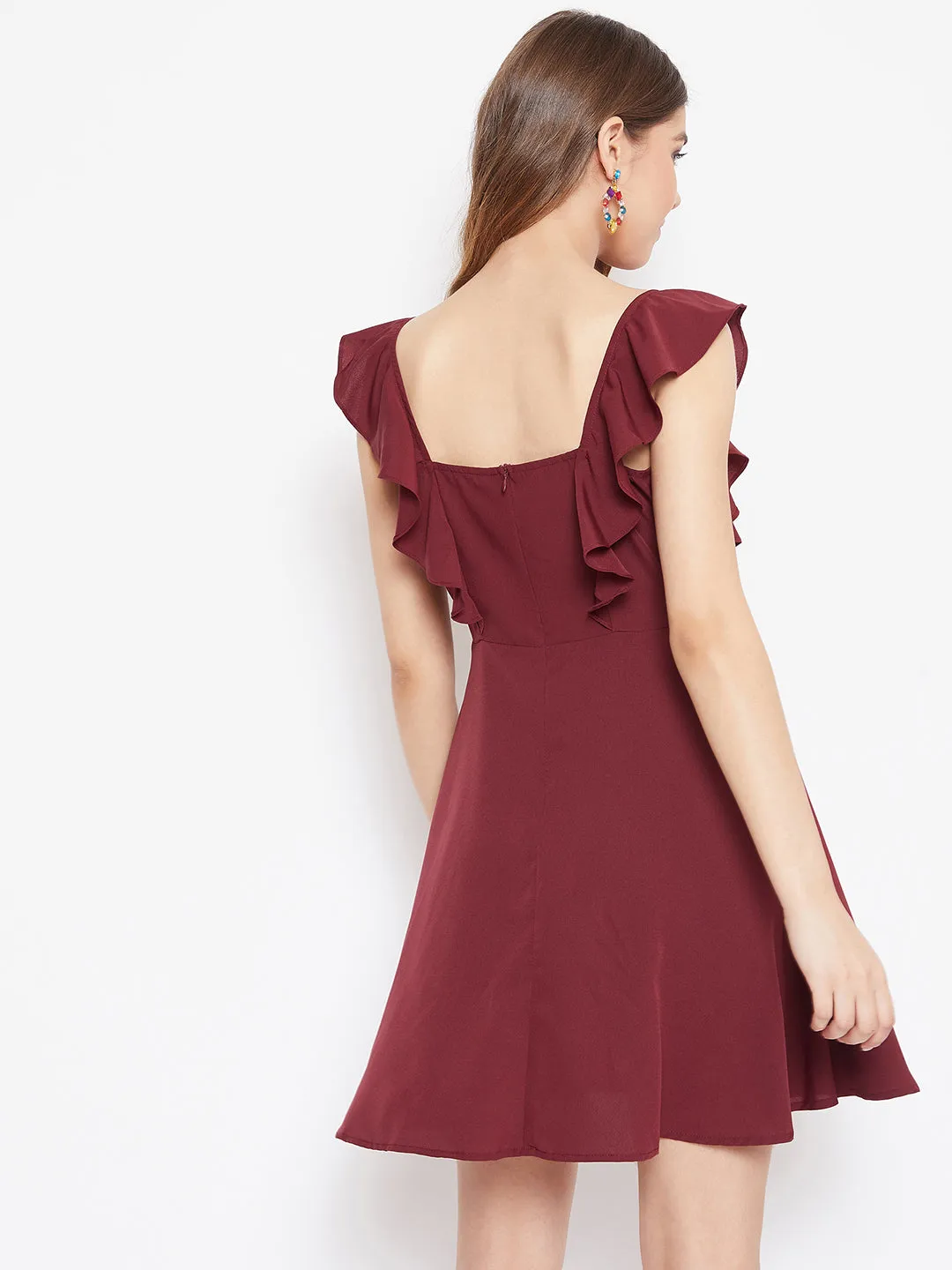 Berrylush Women Solid Maroon Sleeveless Ruffled Fit & Flare Mini Dress