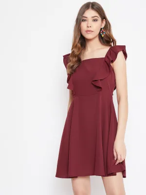 Berrylush Women Solid Maroon Sleeveless Ruffled Fit & Flare Mini Dress