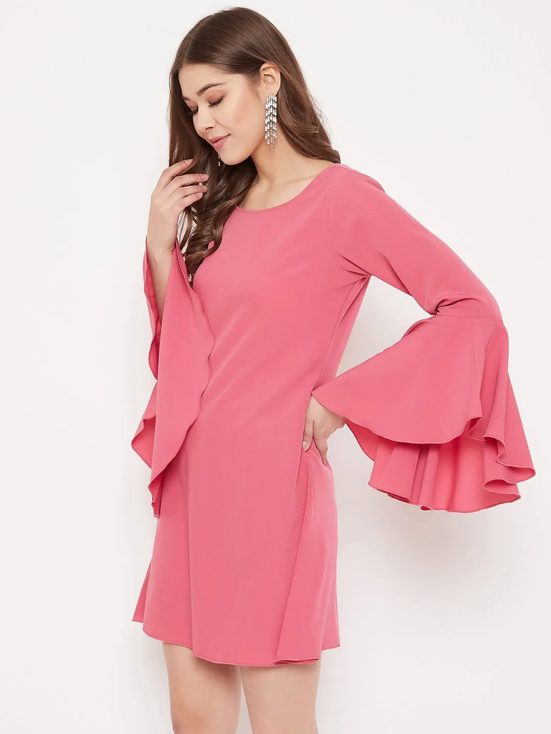 Berrylush Women Solid Pink Flared Sleeves A-Line Mini Dress