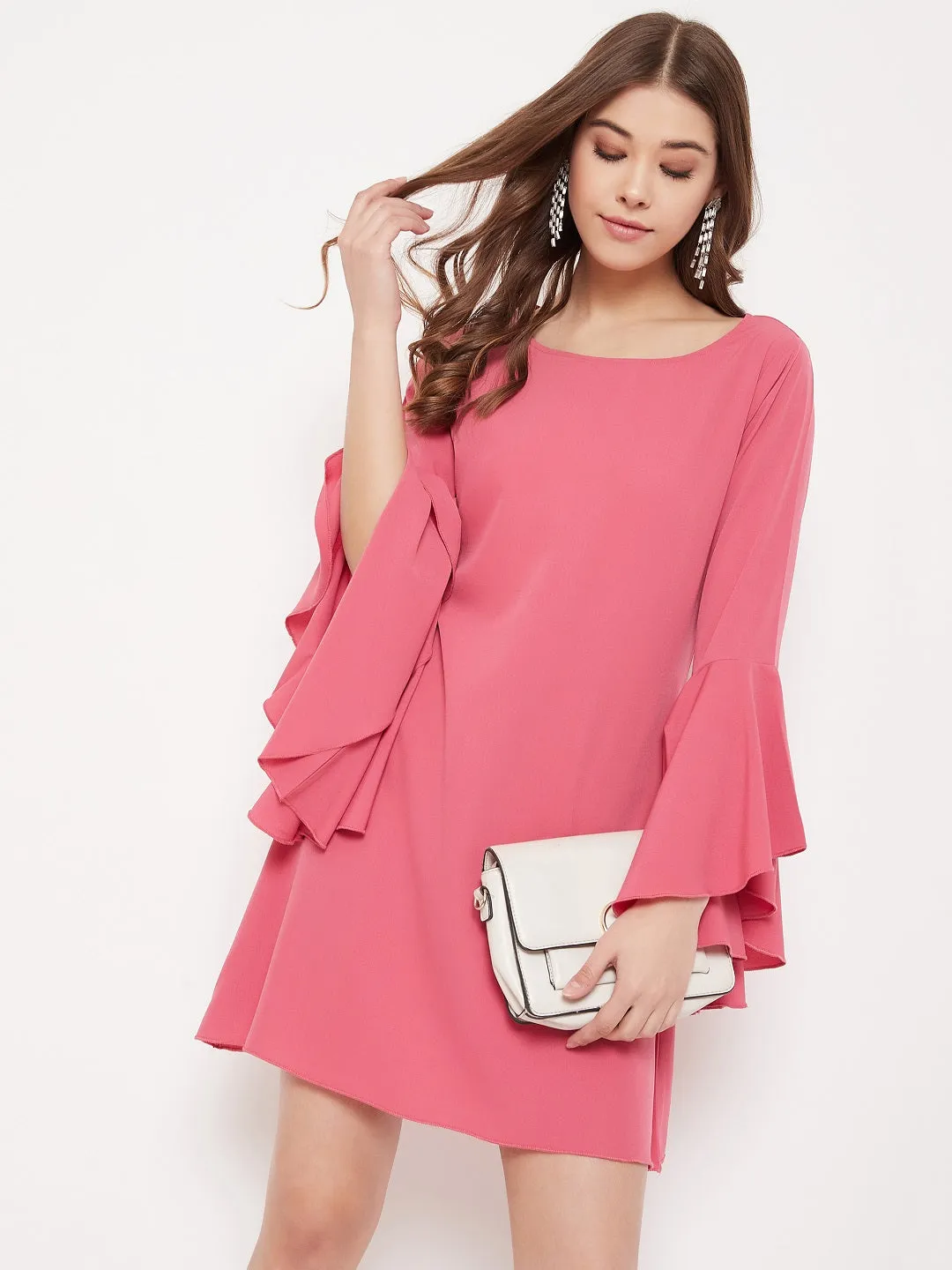 Berrylush Women Solid Pink Flared Sleeves A-Line Mini Dress