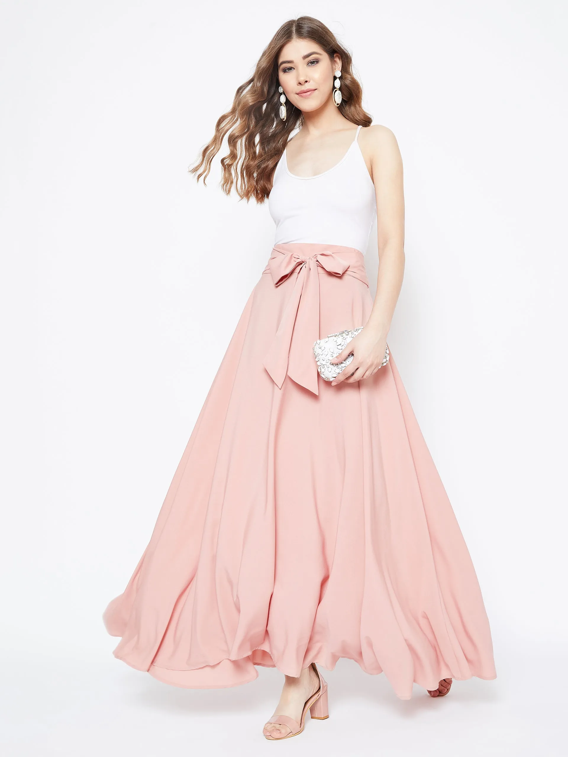 Berrylush Women Solid Pink Waist Tie-Up Flared Maxi Skirt