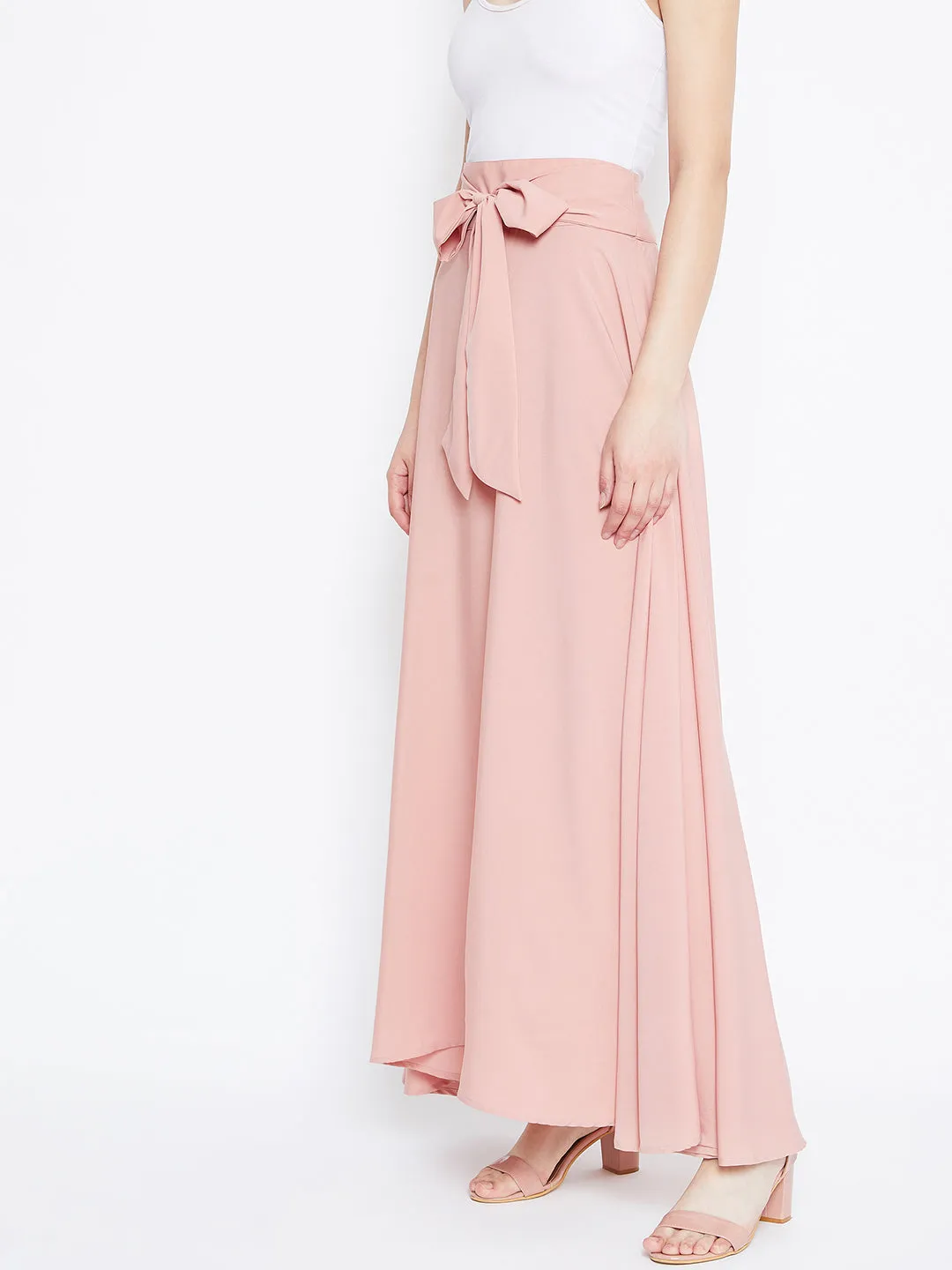 Berrylush Women Solid Pink Waist Tie-Up Flared Maxi Skirt