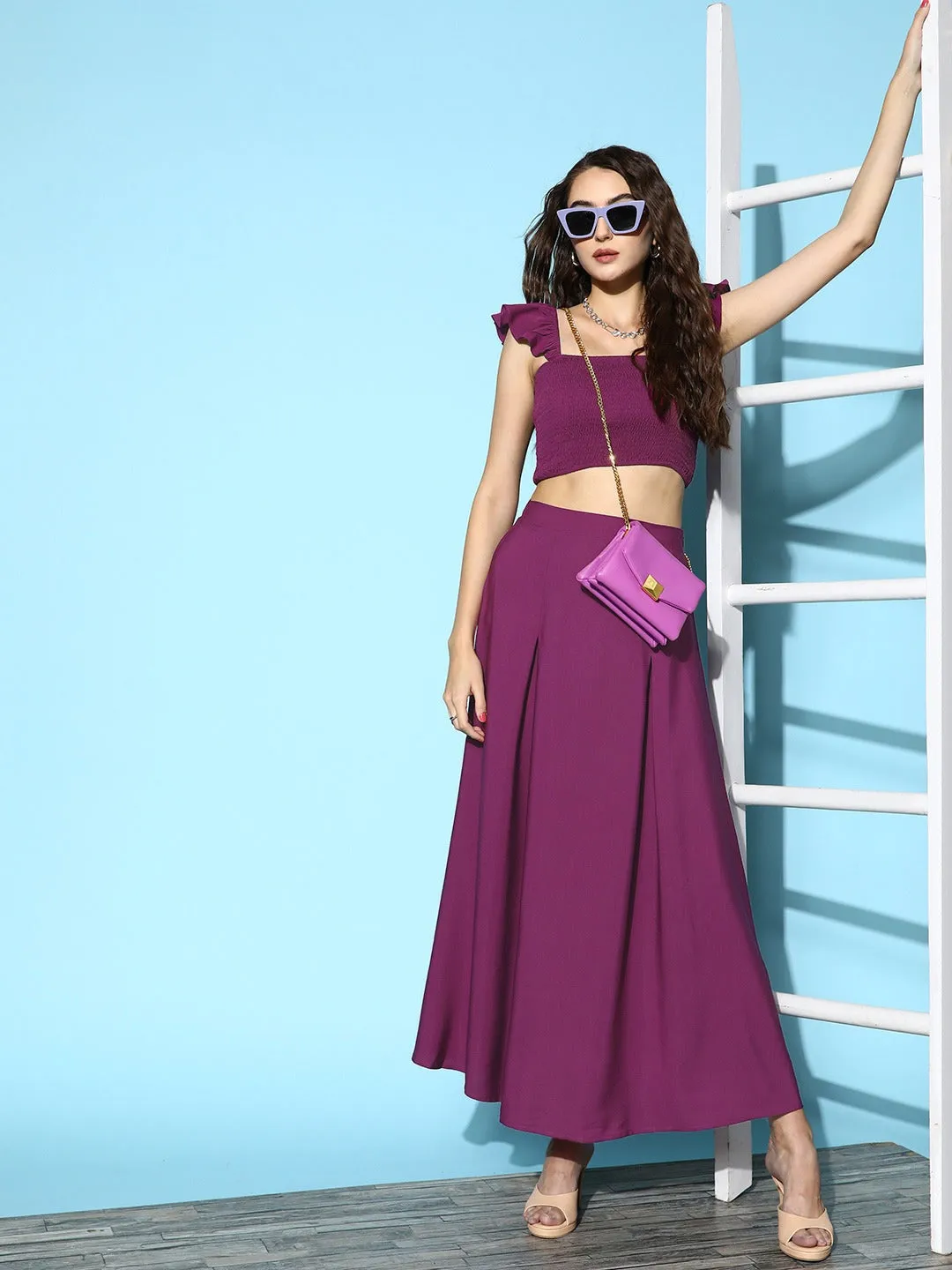 Berrylush Women Solid Purple Square Neck Smocked Crop Top & Maxi Skirt Co-Ord Set