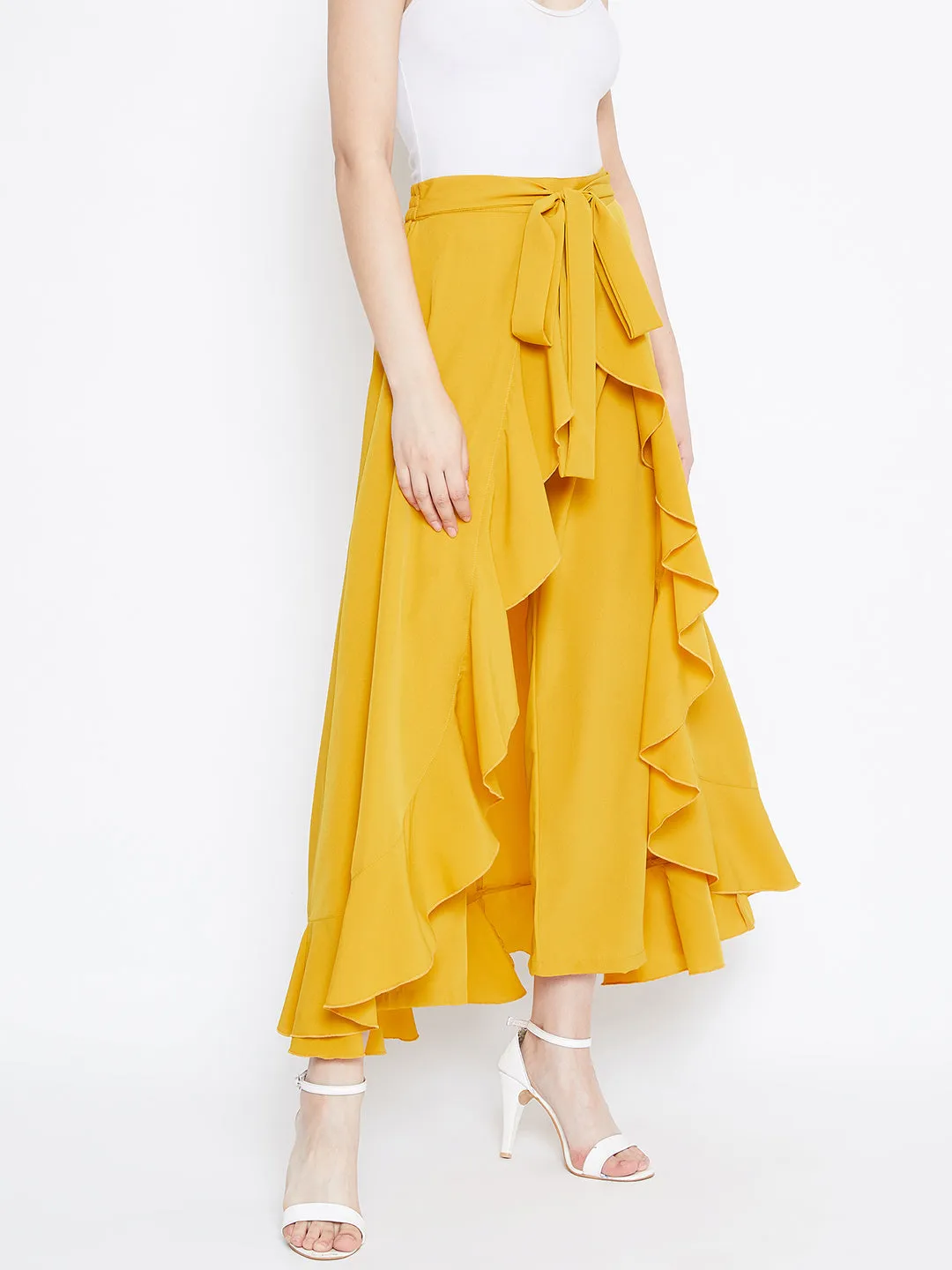 Berrylush Women Solid Yellow Waist Tie-Up Ruffled Maxi Skirt With Attached Trousers