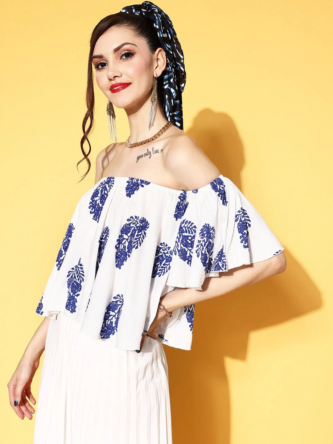 Berrylush Women White & Blue Ethnic Motifs Printed Off-Shoulder Neck Pleated Bardot Top