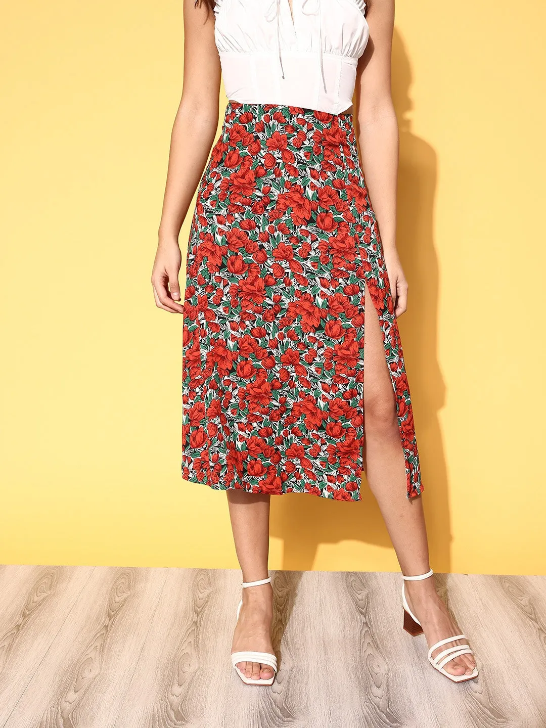 Berrylush Women White & Red Floral Printed Crepe Thigh-High Slit Flared A-Line Midi Skirt