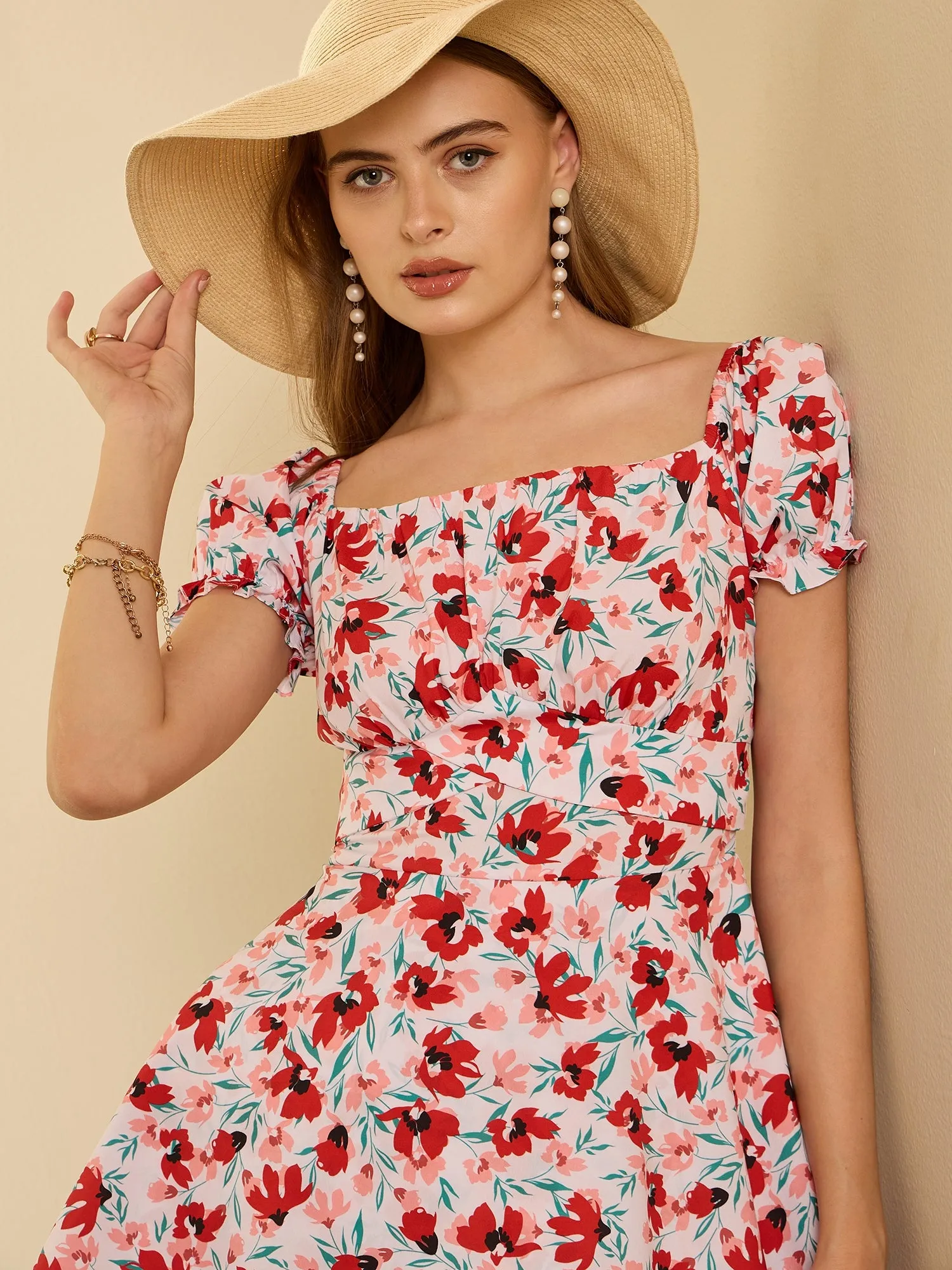 Berrylush Women White & Red Floral Printed Square Neck Puff Sleeves Back Tie-Up Layered Fit & Flare Mini Dress