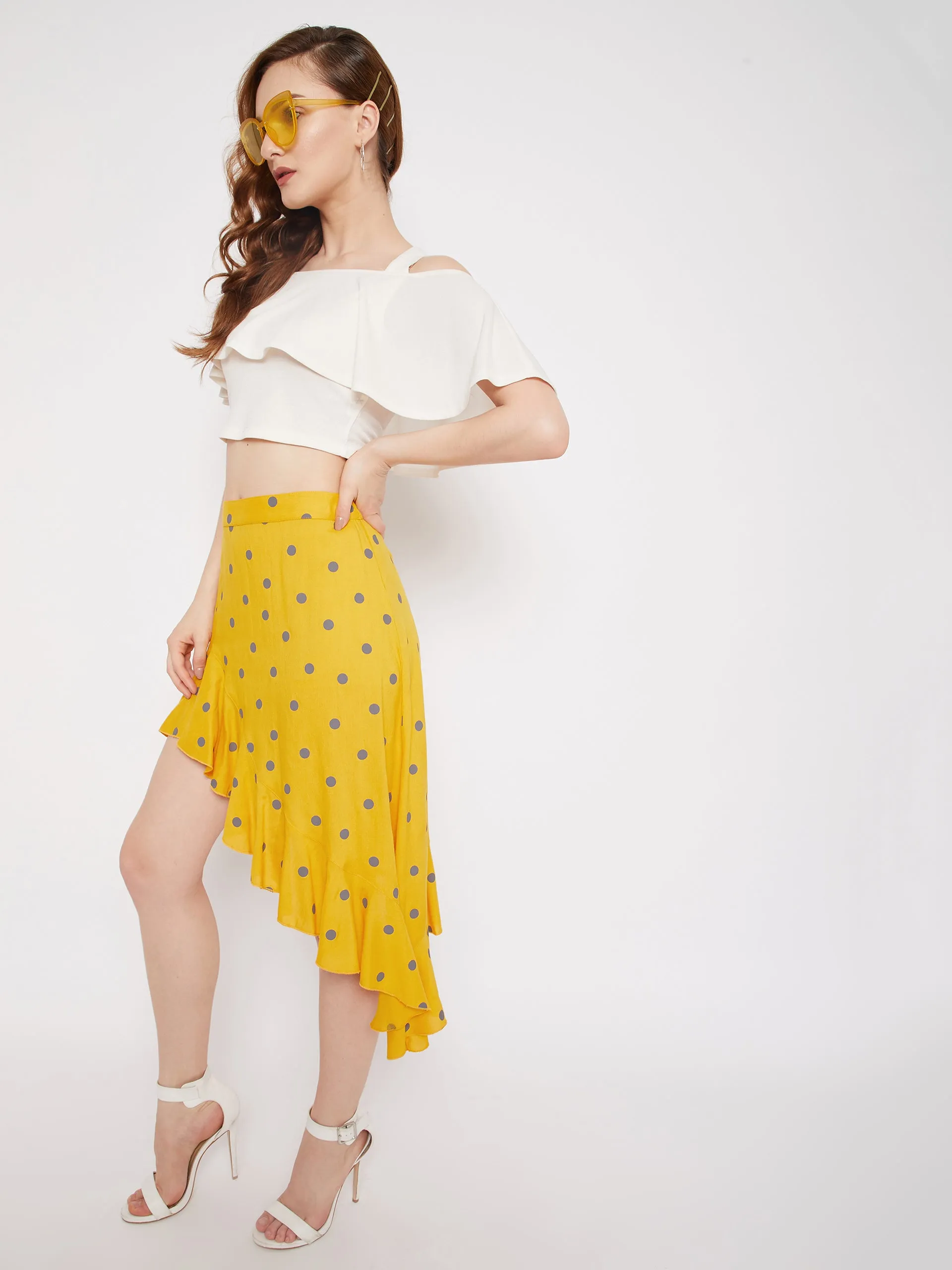 Berrylush Women Yellow & Grey Polka Dot Printed Asymmetric Hem Ruffled Mini Skirt