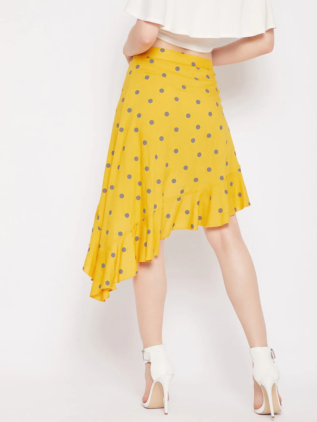 Berrylush Women Yellow & Grey Polka Dot Printed Asymmetric Hem Ruffled Mini Skirt