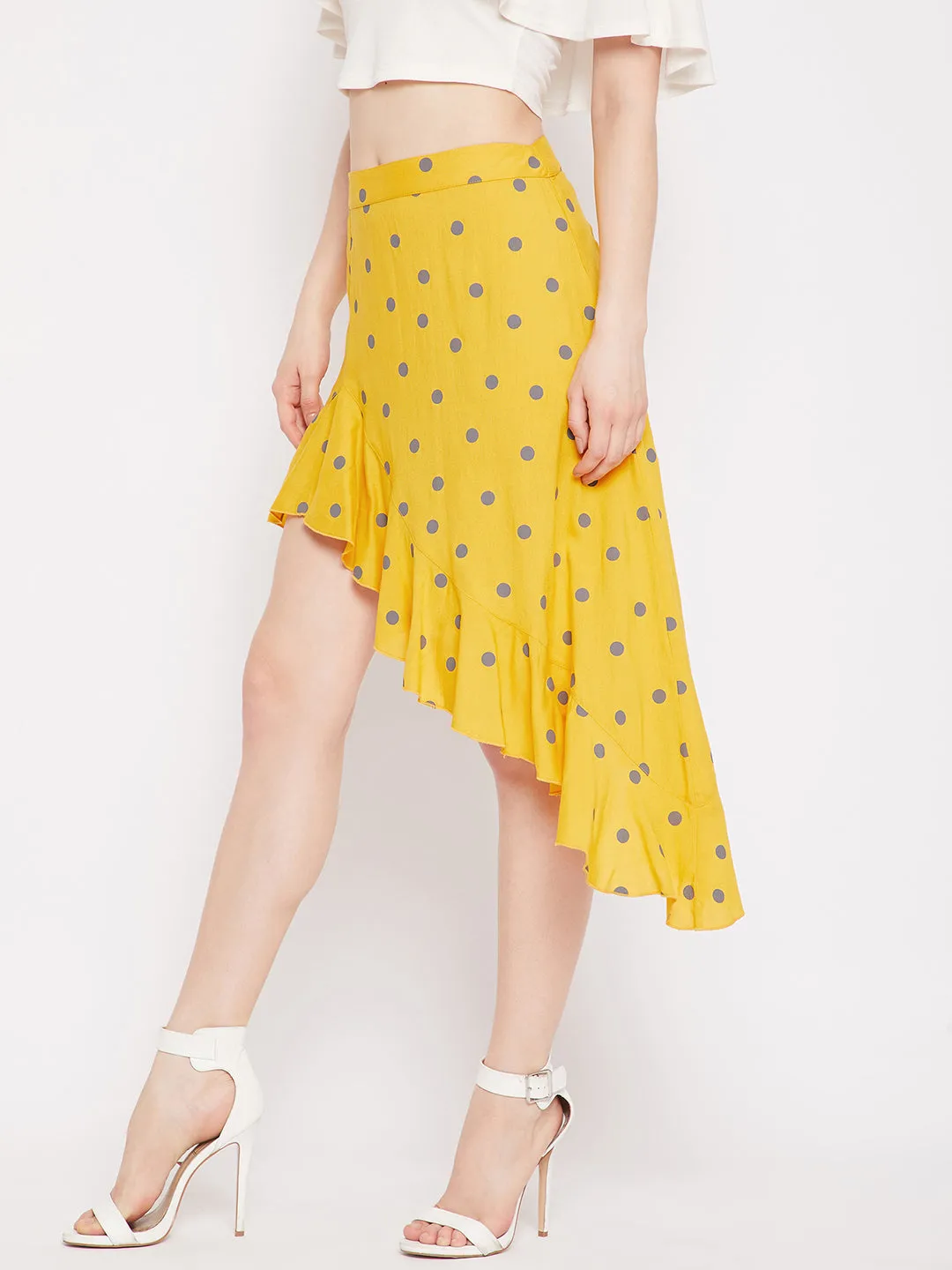 Berrylush Women Yellow & Grey Polka Dot Printed Asymmetric Hem Ruffled Mini Skirt