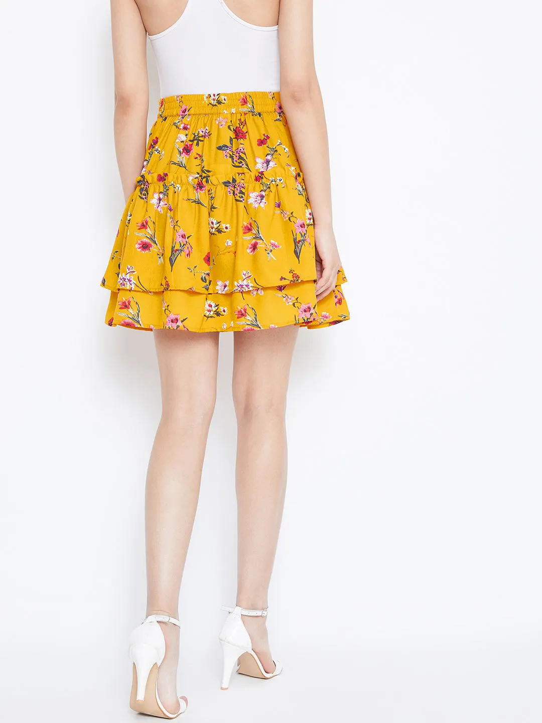 Berrylush Women Yellow Floral Print Layered Slip-On Mini Skirt