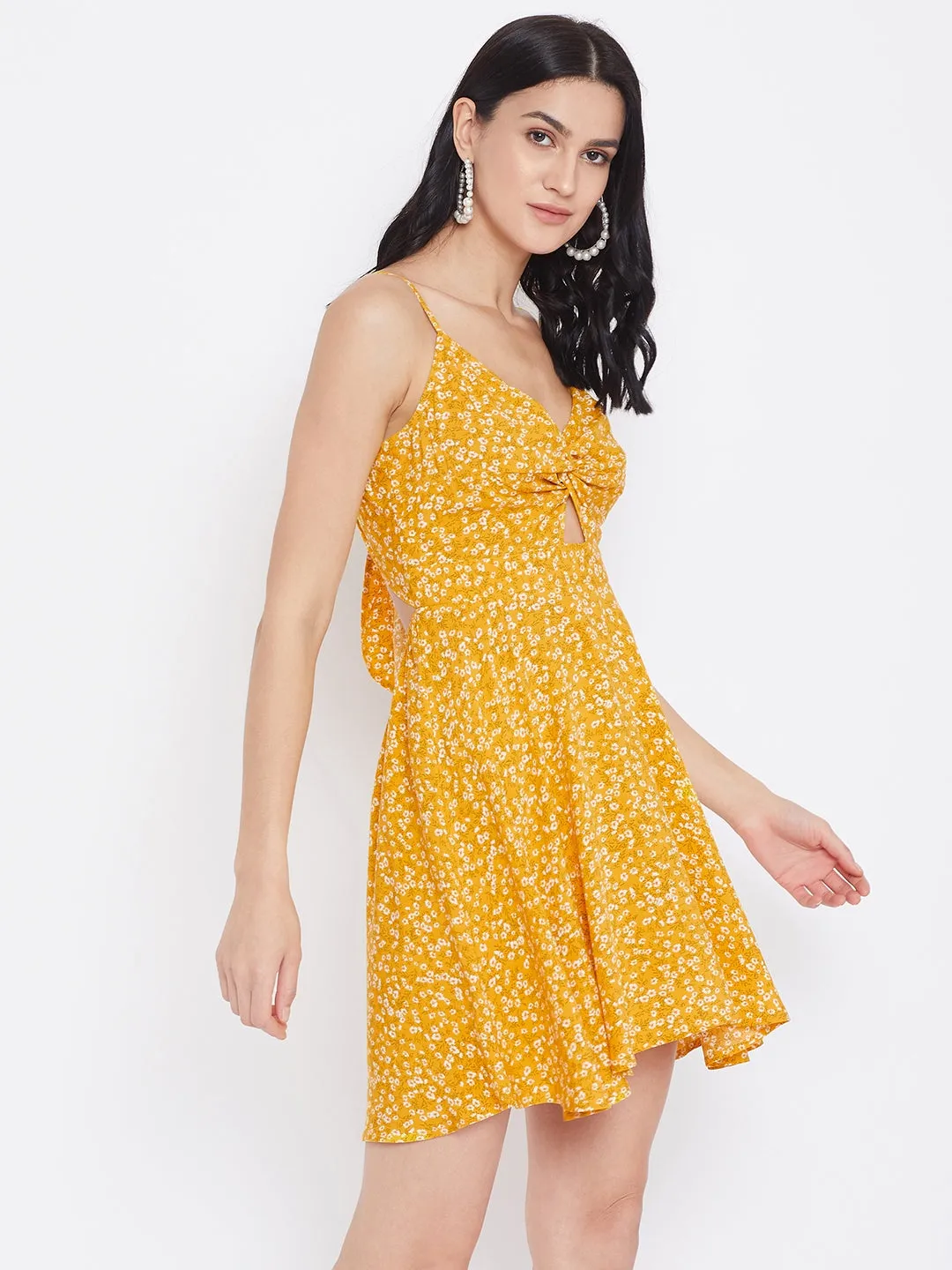 Berrylush Women Yellow Floral Printed Twist Knot Fit & Flare Mini Dress