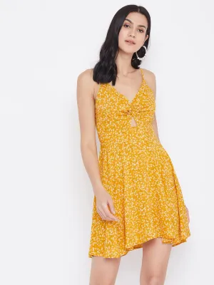 Berrylush Women Yellow Floral Printed Twist Knot Fit & Flare Mini Dress