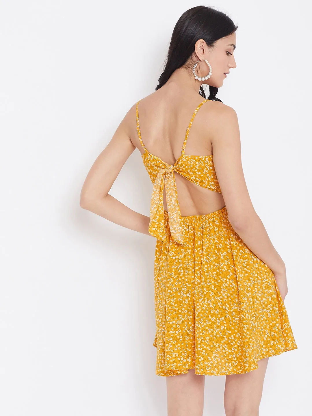 Berrylush Women Yellow Floral Printed Twist Knot Fit & Flare Mini Dress