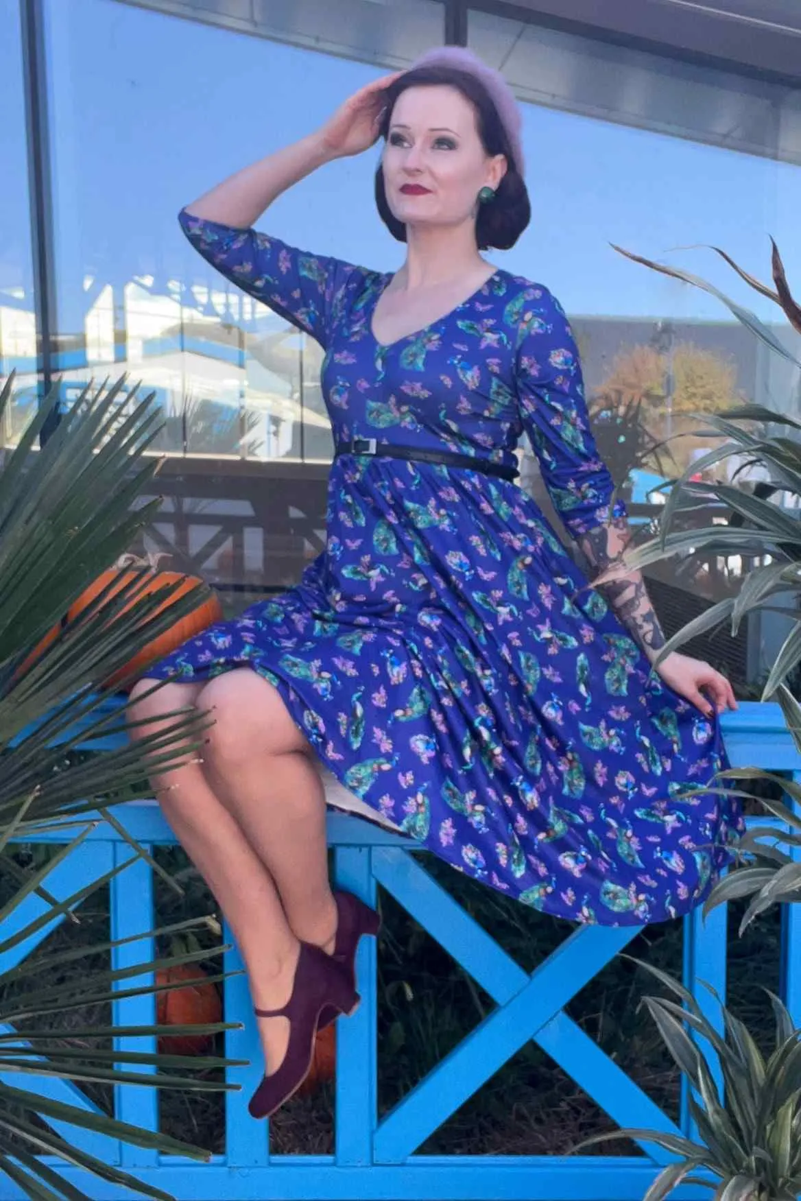 Billie Purple Dress in Peacock Birds Floral Print