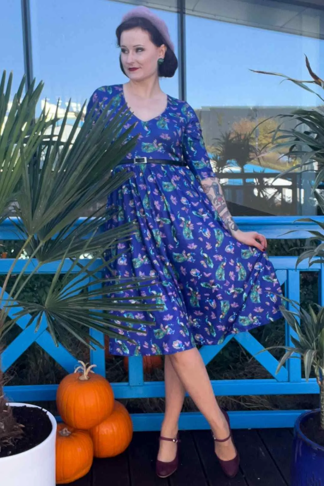 Billie Purple Dress in Peacock Birds Floral Print