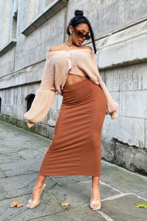 Brown Ribbed Midi Skirt - Dixie