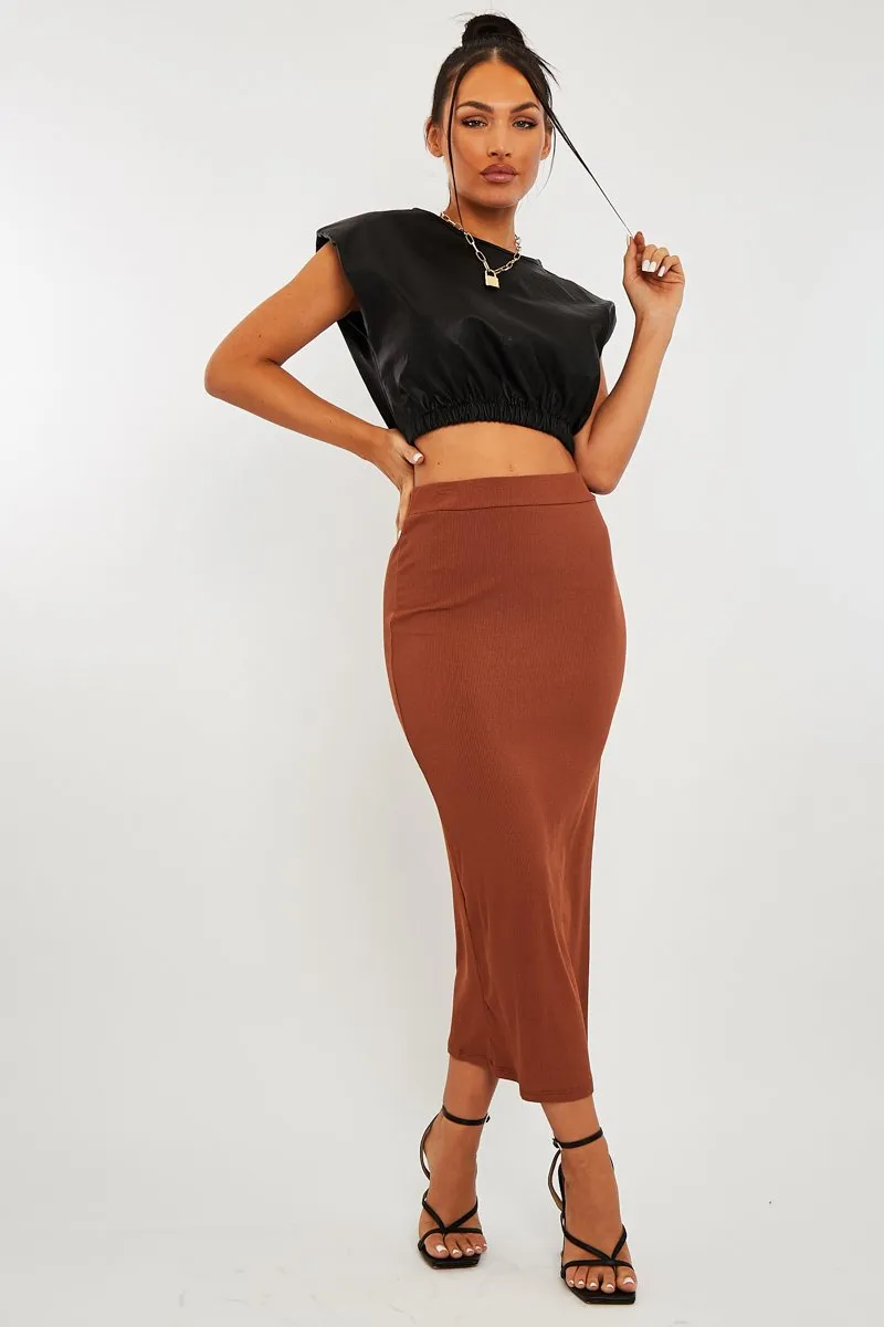 Brown Ribbed Midi Skirt - Dixie