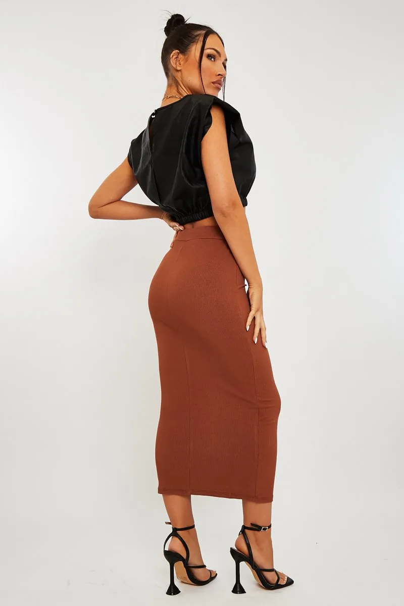 Brown Ribbed Midi Skirt - Dixie