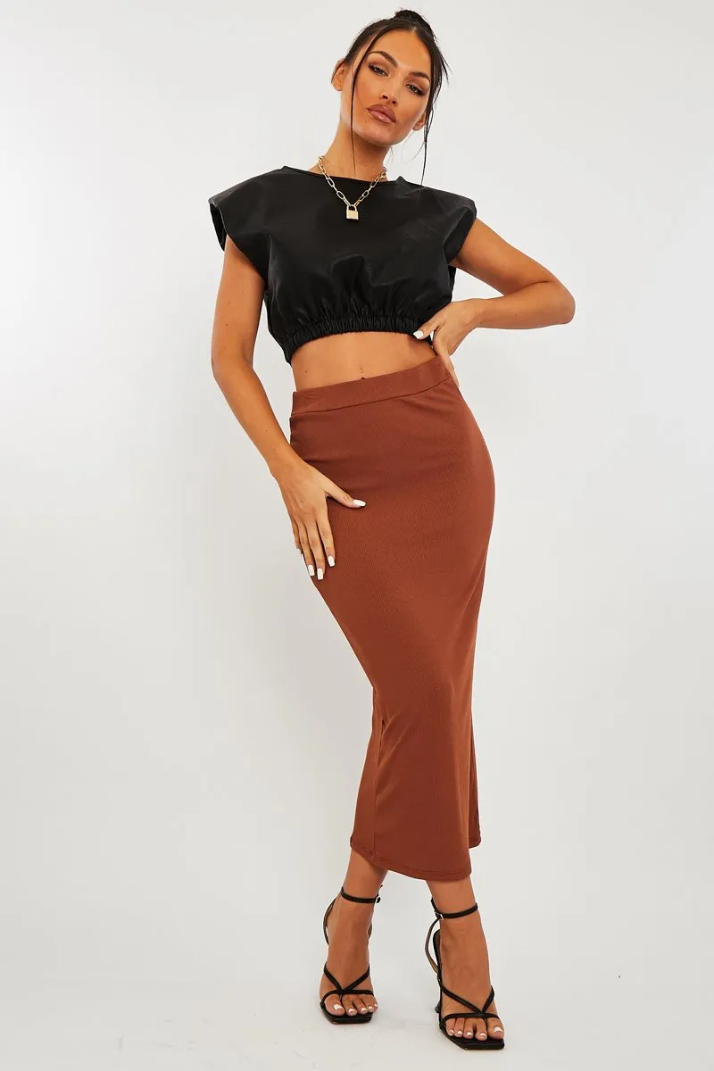 Brown Ribbed Midi Skirt - Dixie